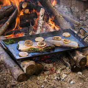 Lodge carbon steel griddle enjoyed over campfire for family meals