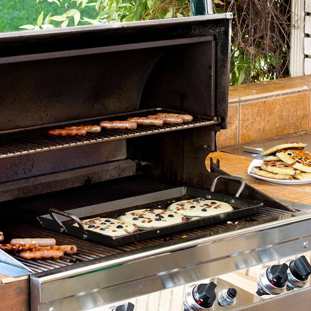 Lodge carbon steel griddle on grill delivers edge-to-edge searing
