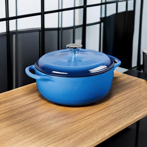Lodge Caribbean Blue enameled interior close-up showing smooth surface and cleanup ease.
