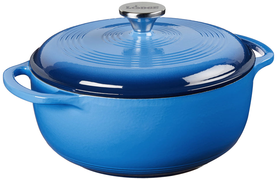 Lodge Caribbean Blue Dutch Oven with lid, durable enamel for even cooking.