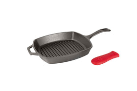 Lodge cast iron 10.5-inch square grill pan on stove for even searing.