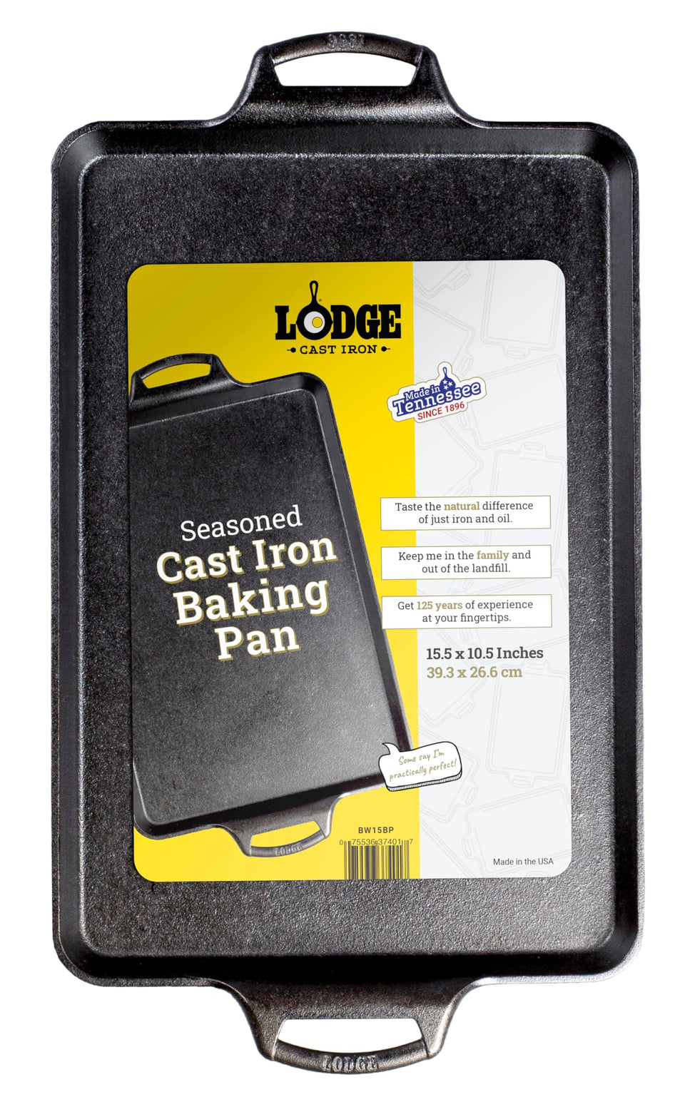 Lodge cast iron baking pan with two handles for easy lifting and even heat.