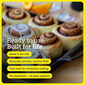 Lodge cast iron baking pan with seasoned surface ready to use for quick baking.