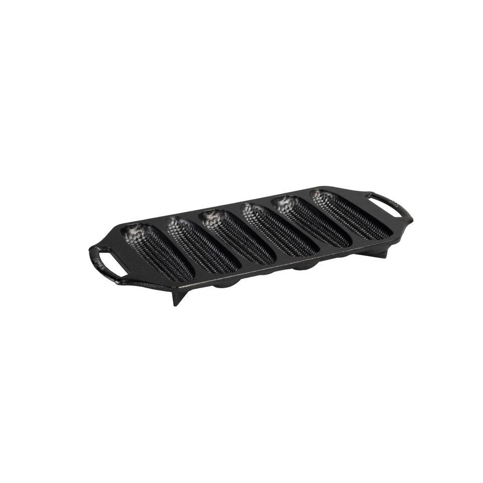 Lodge cast iron cornstick pan with six sticks for dunkable sides and rustic appeal.