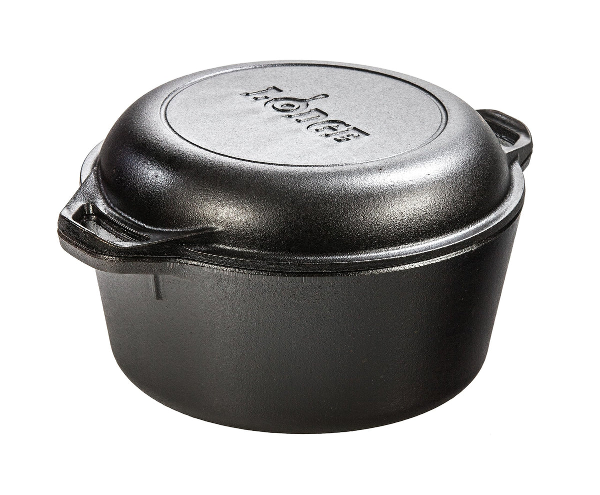 Lodge Cast Iron Double Dutch Oven with lid on for moisture retention and even cooking