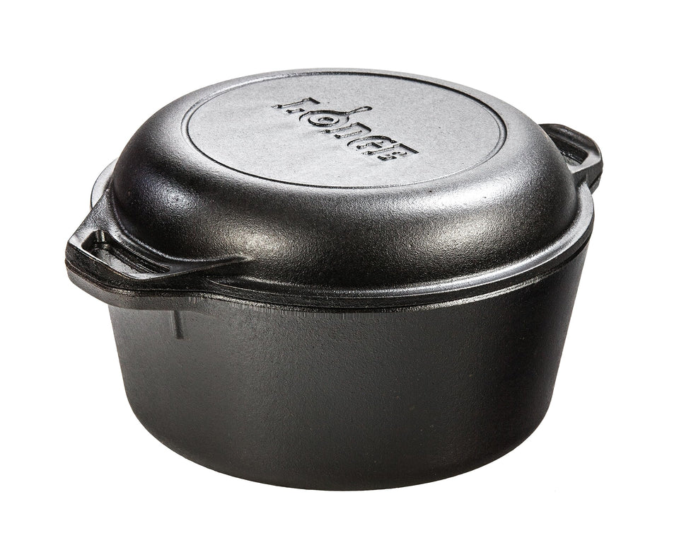 Lodge Cast Iron Double Dutch Oven with lid on for moisture retention and even cooking