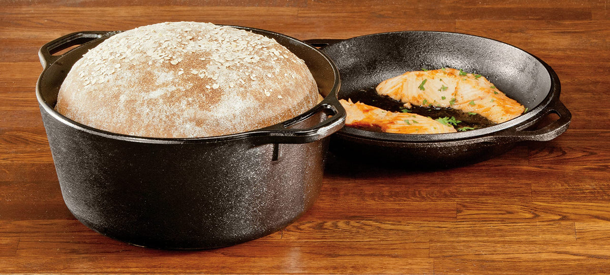 Lodge Cast Iron Double Dutch Oven side view shows versatile 2-in-1 design