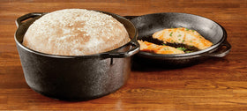 Lodge Cast Iron Double Dutch Oven side view shows versatile 2-in-1 design