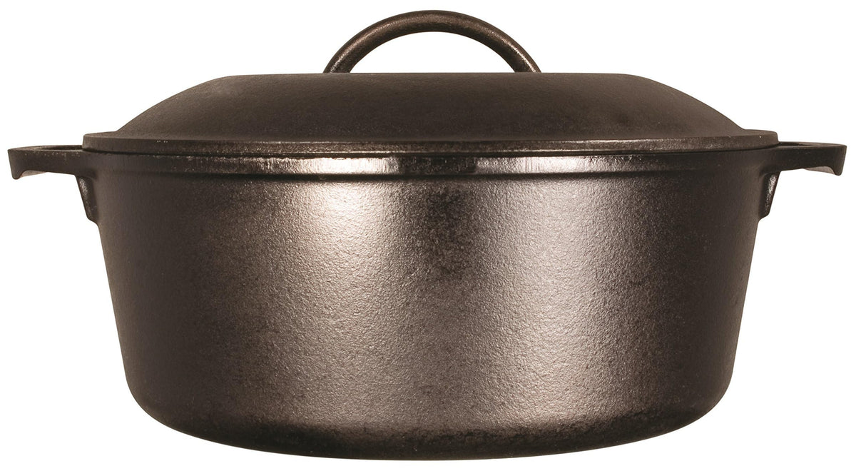 Lodge cast iron Dutch oven lid seals moisture for juicy results.