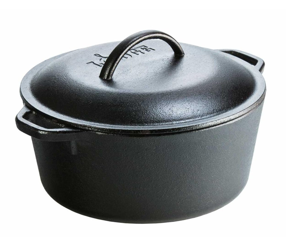 Lodge cast iron Dutch oven with loop handles, easy transport from oven to table.