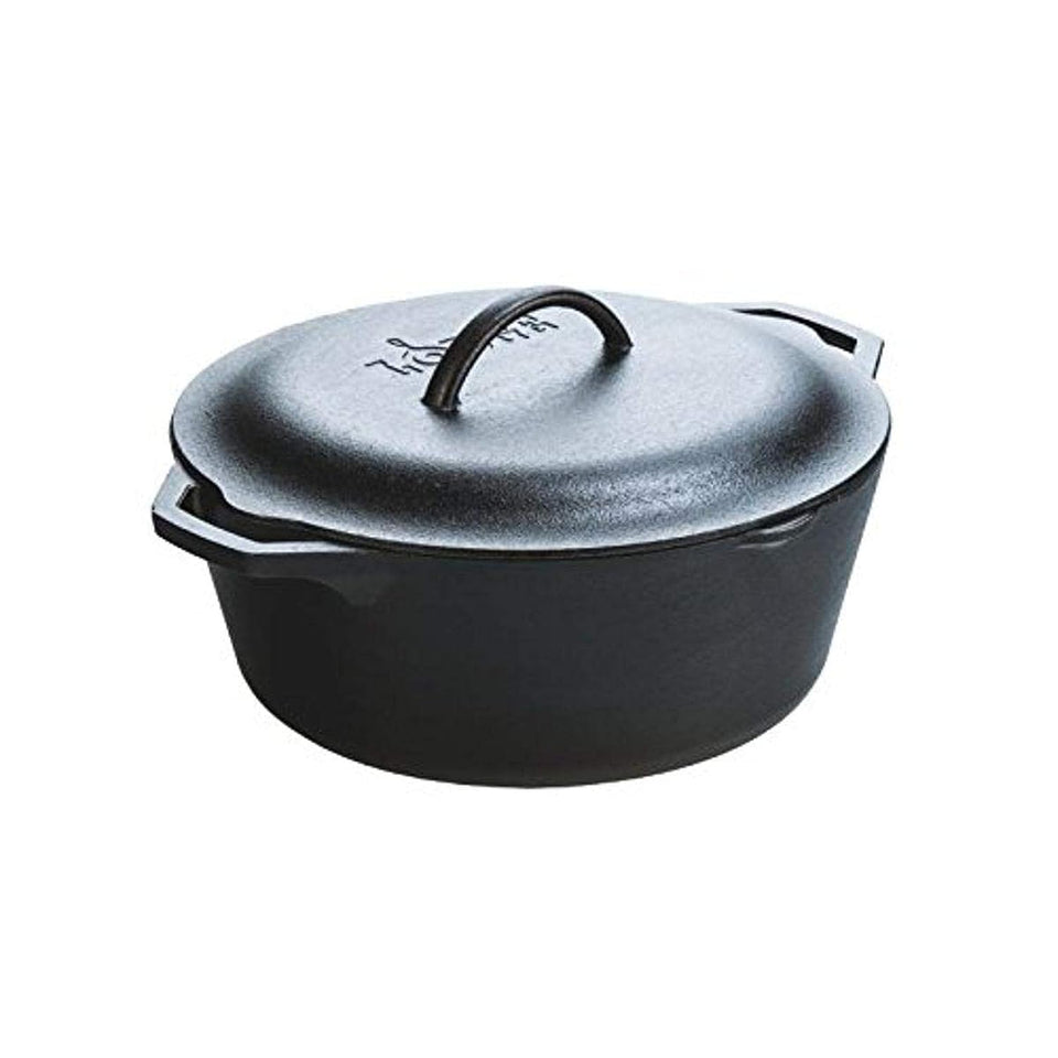 Lodge cast iron Dutch oven with loop handles for easy lifting and even heating.