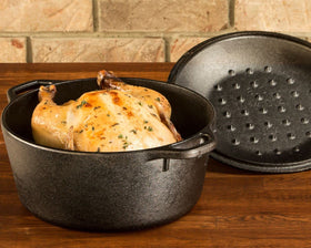 Loop-handled Lodge Dutch oven for safe lifting and serving from oven to table.