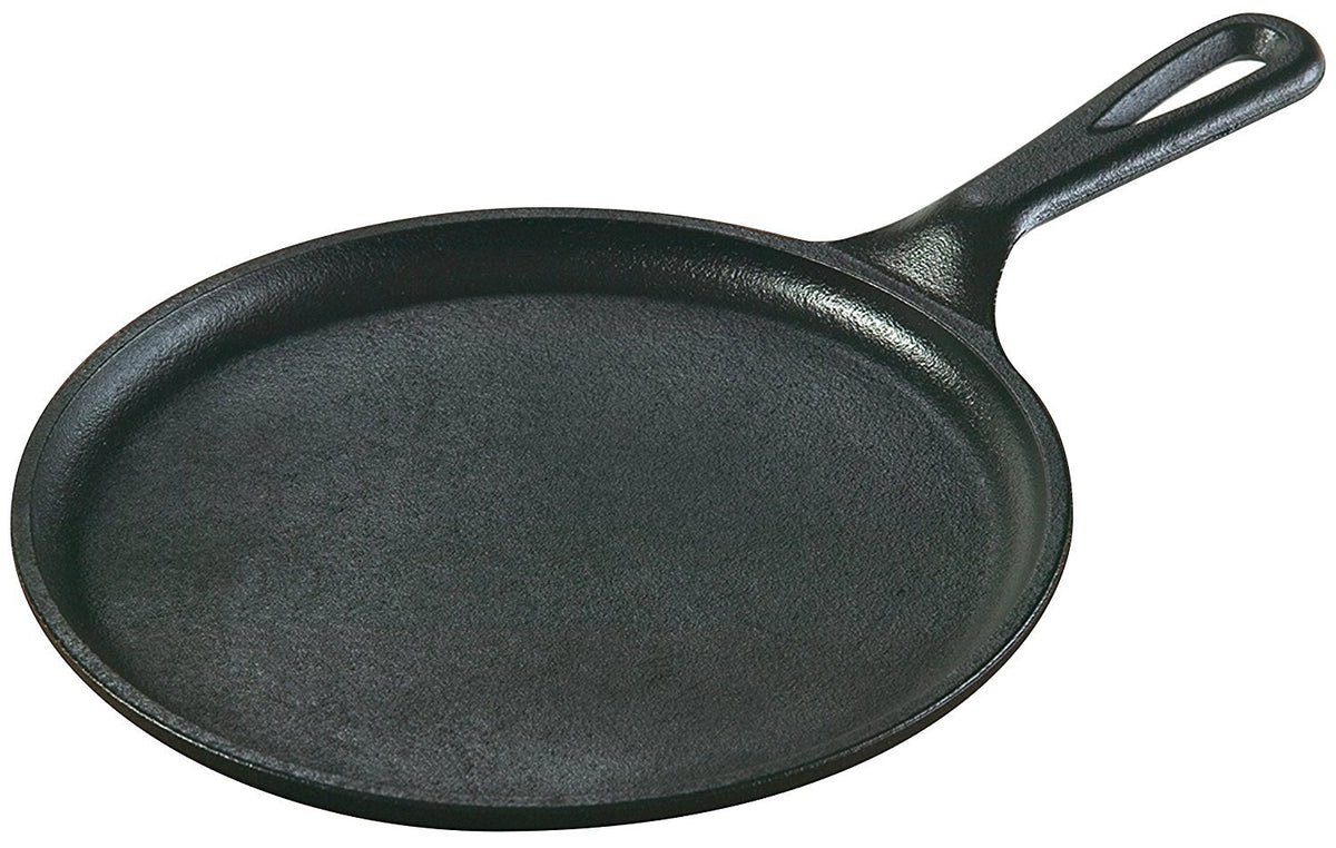 Lodge 8-inch round cast iron griddle front view highlighting durable heat retention for pancakes.
