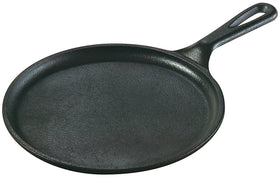 Lodge 8-inch round cast iron griddle front view highlighting durable heat retention for pancakes.