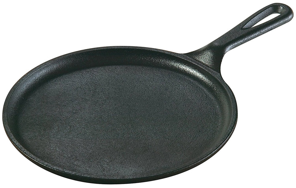 Lodge 8-inch round cast iron griddle front view highlighting durable heat retention for pancakes.