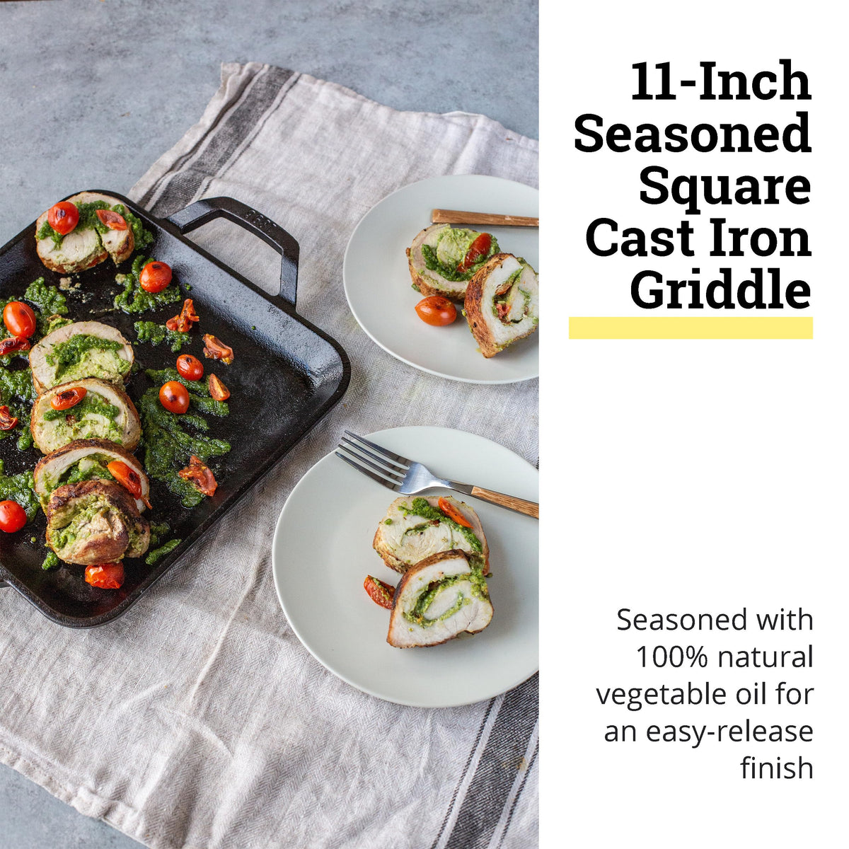 Lodge cast iron griddle on stove, ideal for skillet-style dinners