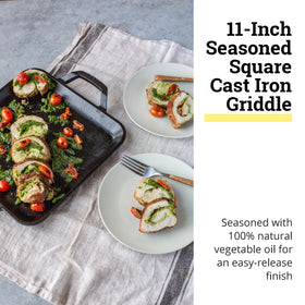 Lodge cast iron griddle on stove, ideal for skillet-style dinners
