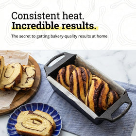 Lodge Cast Iron Loaf Pan in oven with evenly baked loaf