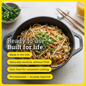 Lodge cast-iron mini wok showcases heat retention for even searing.