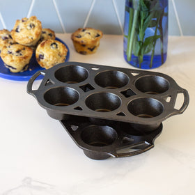 Lodge cast iron muffin pan provides even browning for muffins at home