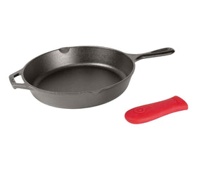 Lodge cast iron skillet with red handle holder offers safe grip and added control.
