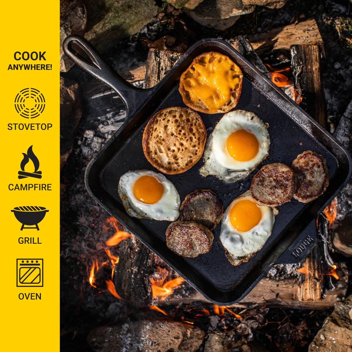 Lodge 11-inch square cast iron griddle, bacon sizzling for searing flavor.