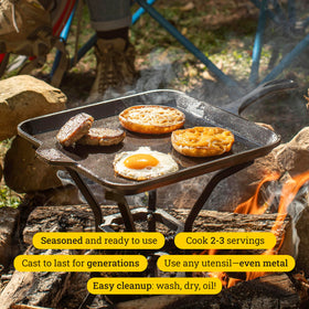Lodge 11-inch square cast iron griddle, eggs cooking on a hot surface.