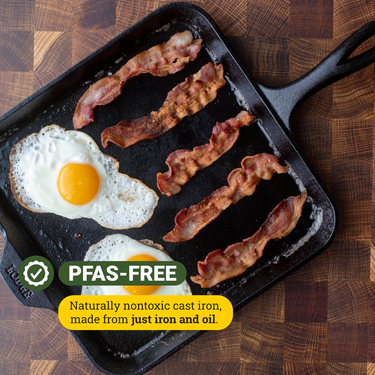 Lodge 11-inch square cast iron griddle, pancakes browning evenly.