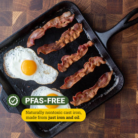 Lodge 11-inch square cast iron griddle, pancakes browning evenly.