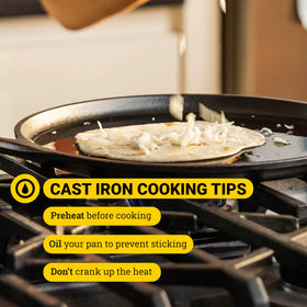 Lodge 11-inch square cast iron griddle on stove, versatile cooking.