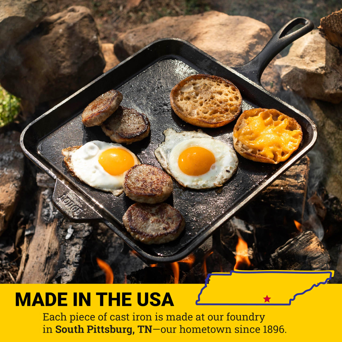 Lodge 11-inch square cast iron griddle, teardrop handle for easy handling.