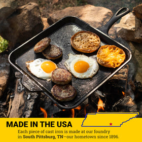 Lodge 11-inch square cast iron griddle, teardrop handle for easy handling.