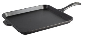 Lodge 11-inch square cast iron griddle, top view, even heat and easy release.