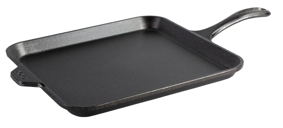 Lodge 11-inch square cast iron griddle, top view, even heat and easy release.