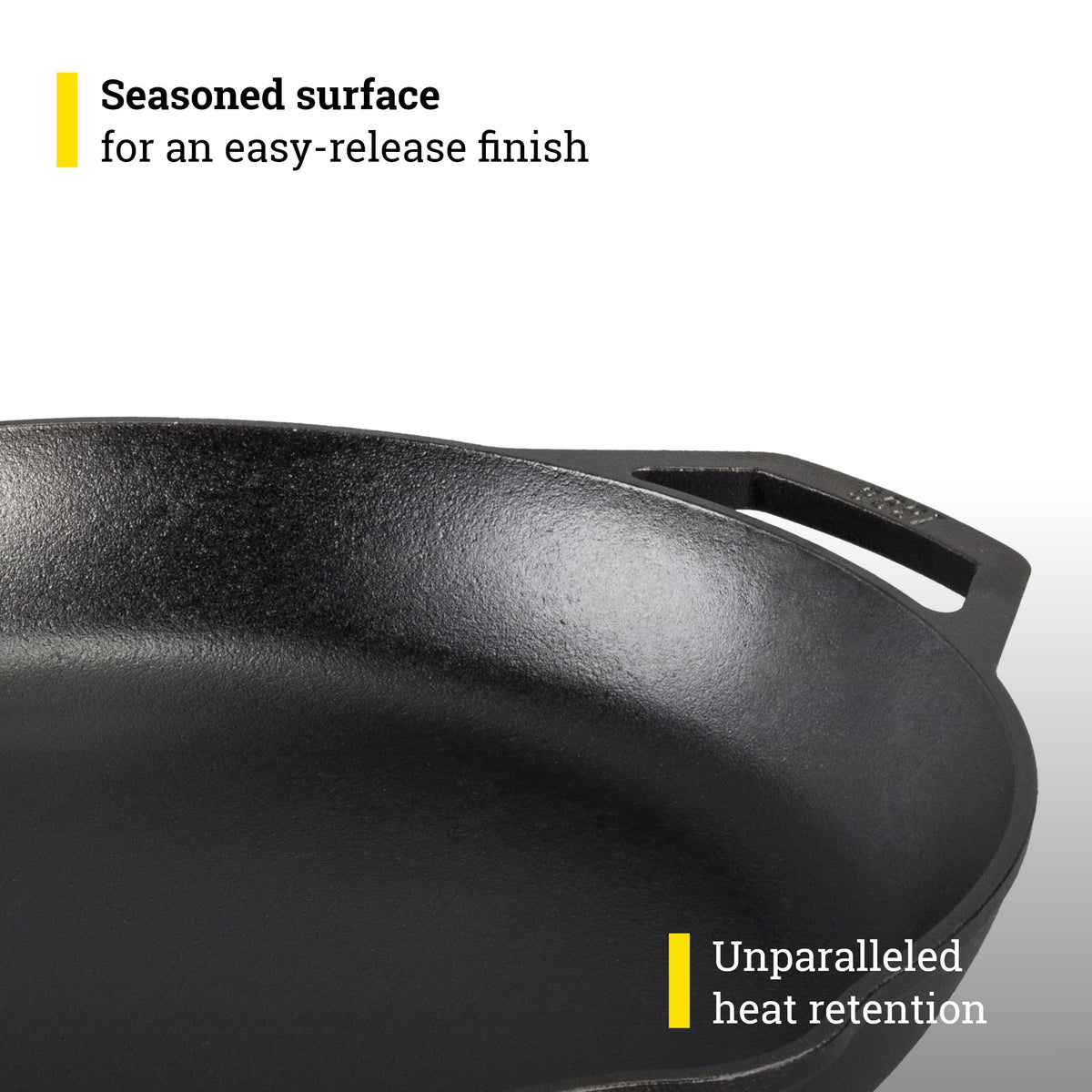 Oven-safe Lodge Chef Collection 14-inch skillet browns food evenly.