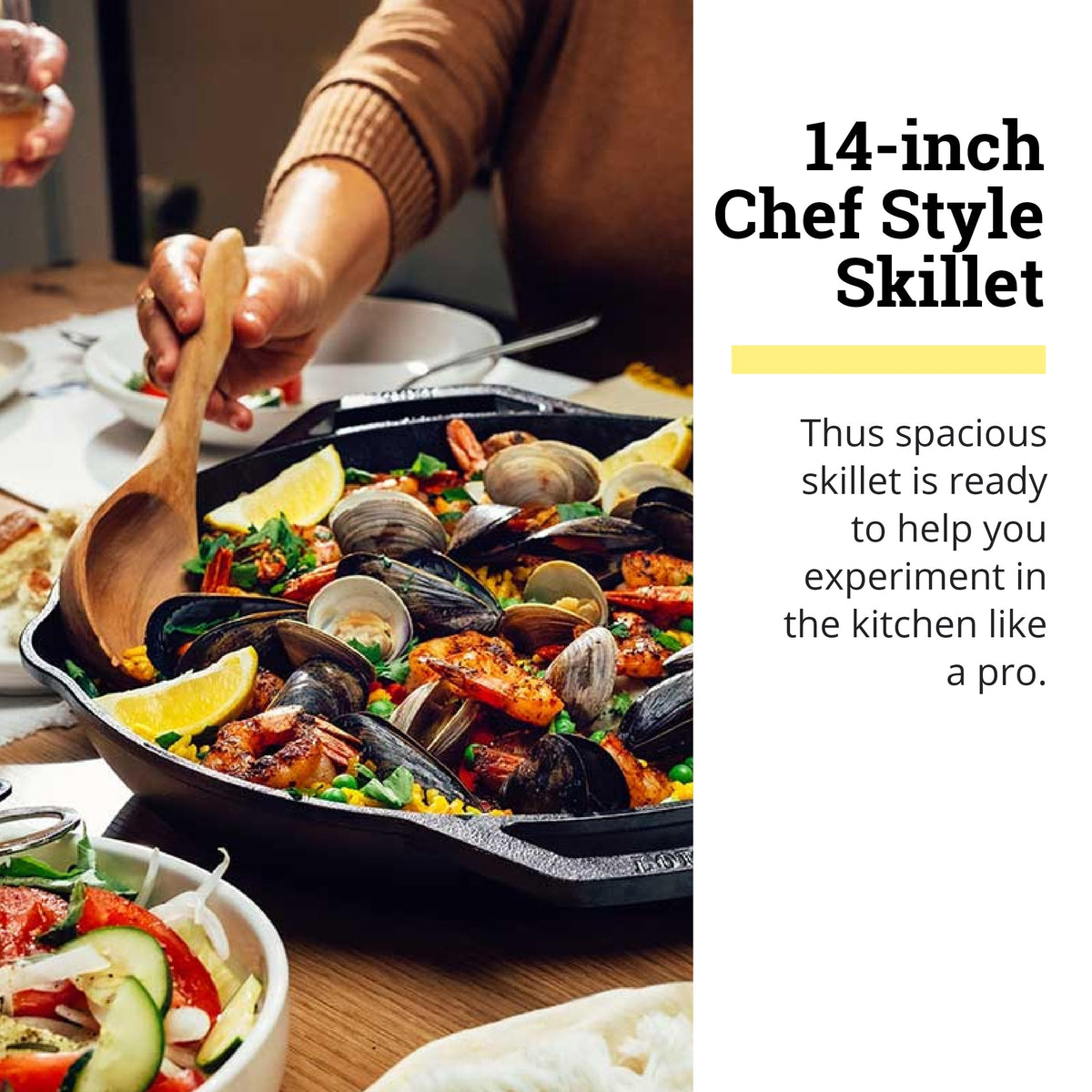 Lodge Chef Collection 14-inch skillet searing salmon for a flavorful crust.