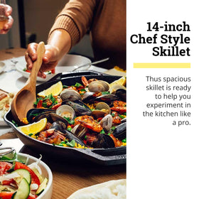 Lodge Chef Collection 14-inch skillet searing salmon for a flavorful crust.
