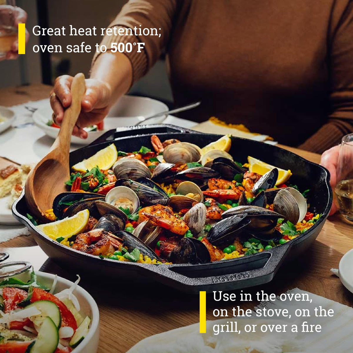 Seasoned surface on Lodge Chef Collection 14-inch skillet ready for cooking.
