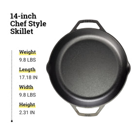 Lodge Chef Collection 14-inch skillet roasting spatchcock chicken with crispy skin.