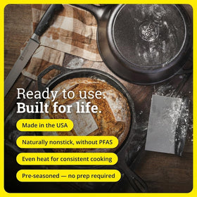 Lodge Combo Cooker lid converts to a shallow skillet for flexible searing.