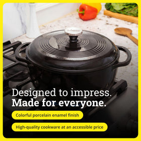 Lodge braising beef, even heat throughout bottom and sides.