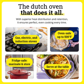 Lodge enamel pot on stovetop, induction-friendly and oven-safe to 500°F.