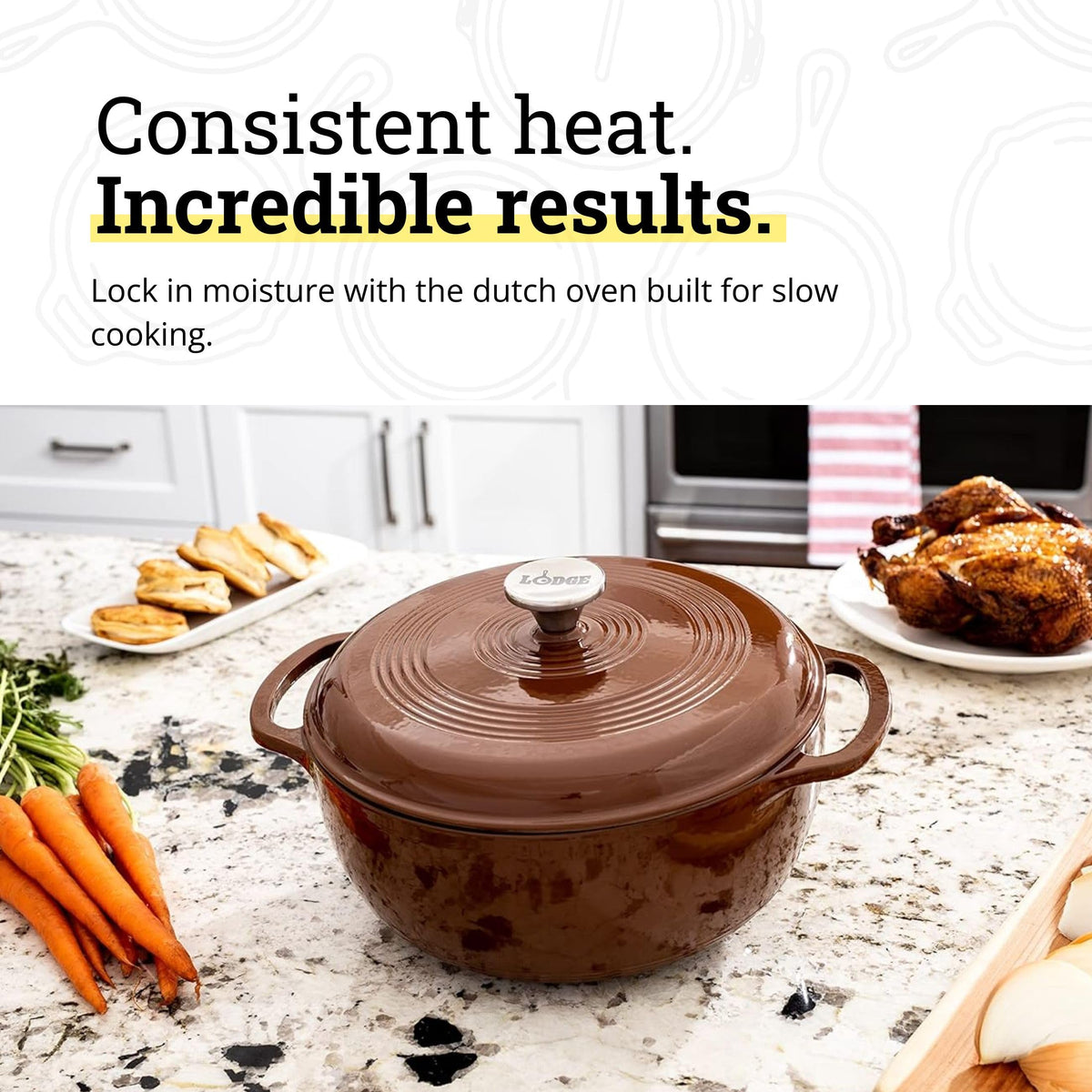 Lodge enamel Dutch oven on stove showing versatile searing to oven use.