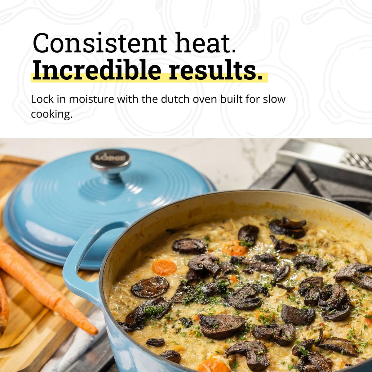 Lodge enamel cast iron interior closeup, nonreactive surface ideal for marinating and simmering