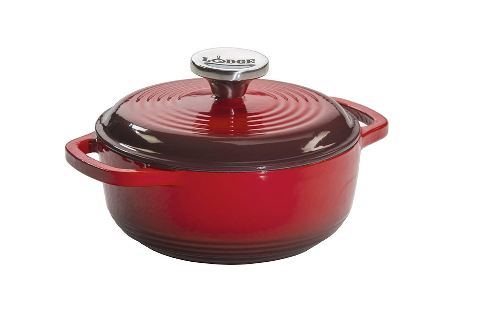 Lodge 1.5 qt red enameled cast iron Dutch oven with lid—even heat for braising.
