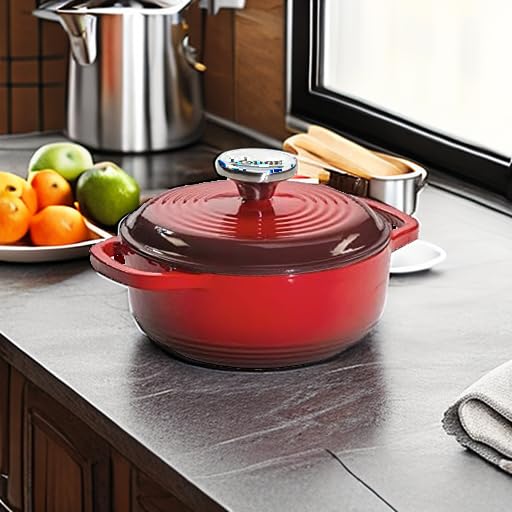 Lodge red enameled Dutch oven on stovetop; versatile and oven-safe up to 500°F.