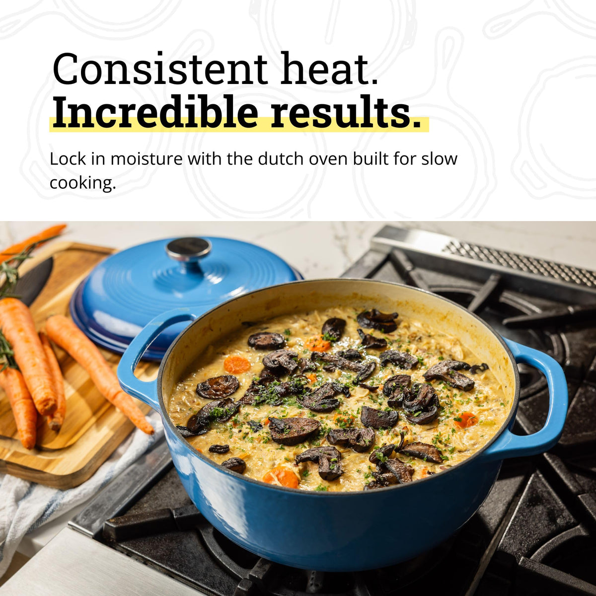 Lodge enamel lid moisture seal demonstrates moisture retention during simmering.