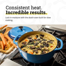 Lodge enamel lid moisture seal demonstrates moisture retention during simmering.