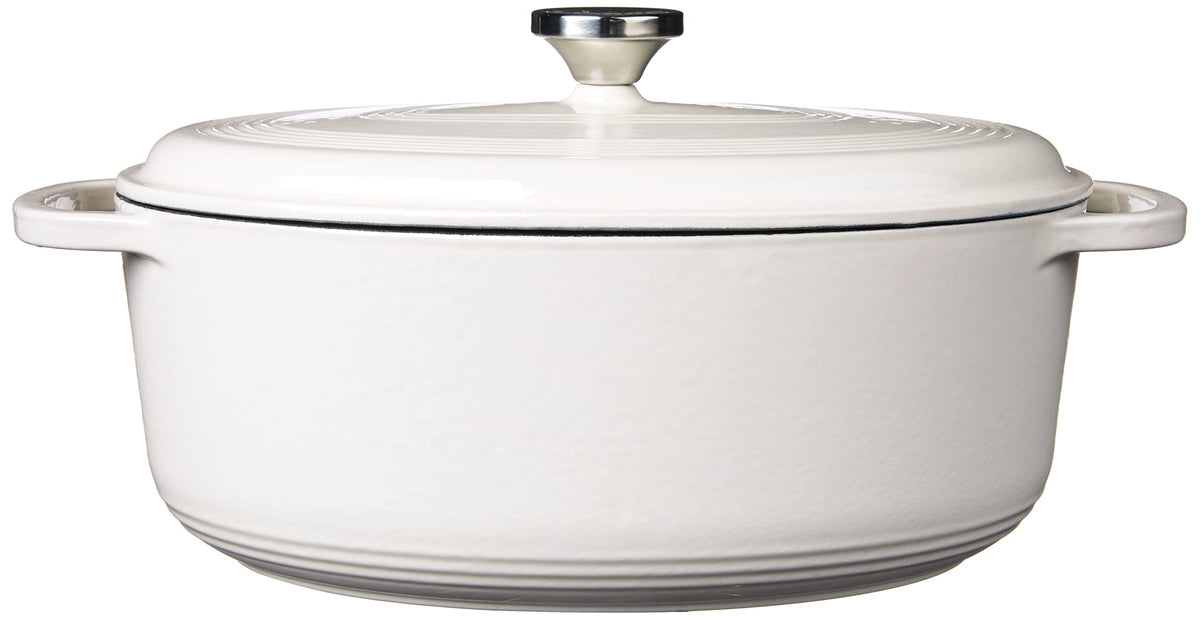 Lid with stainless steel knob seals in moisture for tender results.