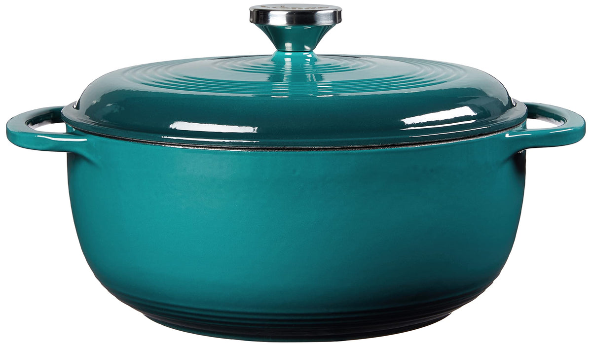 Lodge Lagoon enamel Dutch oven dual handles offer easy transport from stove to table.
